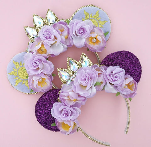 purple rapunzel ears lilac velvet princess ears with crown tangled headband made in the UK lubyandlola shop