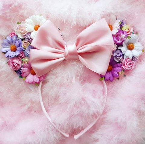 pretty floral minnie mouse ears with a satin baby pink bow