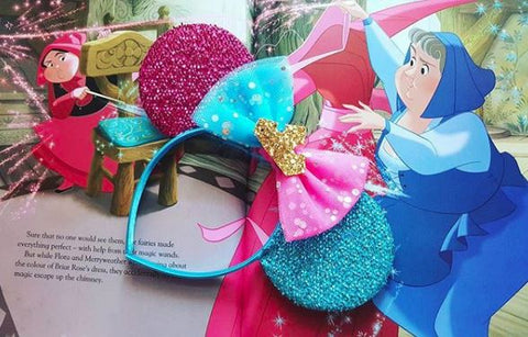 pink and blue minnie mouse ears sleeping beauty headband