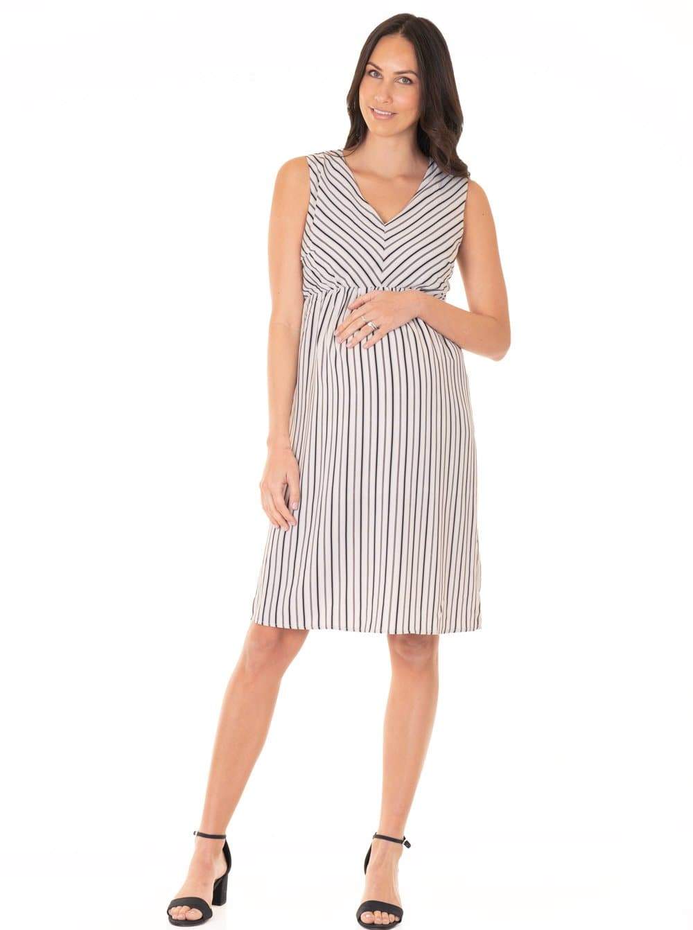 Maternity V-Neck Chiffon Dress in Black & White Stripes - Maternity Clearance Outlet product image