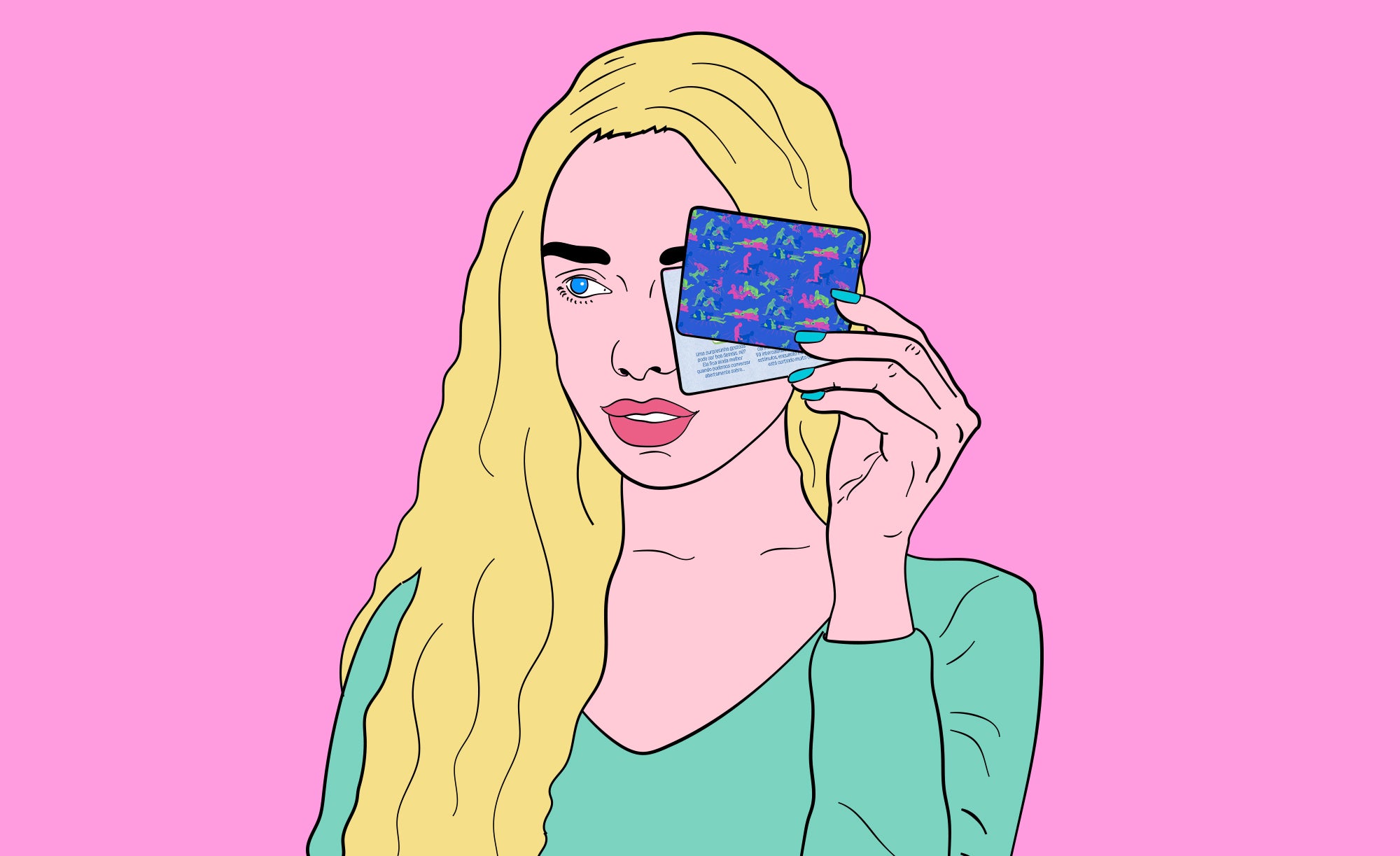 Surpresa de dia dos namorados. Ilustração de uma mulher segurando duas cartas do jogo verdade ou ação da pantynova. Ela tem cabelo amarelo, blusa verde e o fundo é rosa