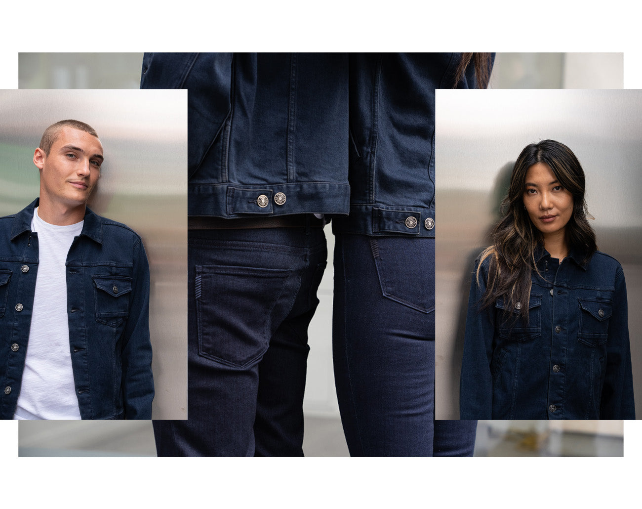 Paige Denim Logo on back of pants and two models, Lily and Eric
