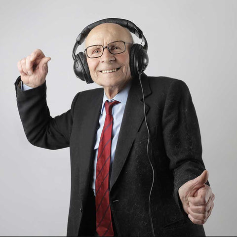 old man with headphones