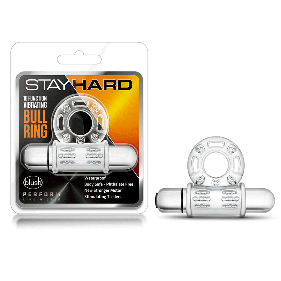 Stay Hard 10 Function Clear Vibrating Bull Cock Ring by Blush Novelties