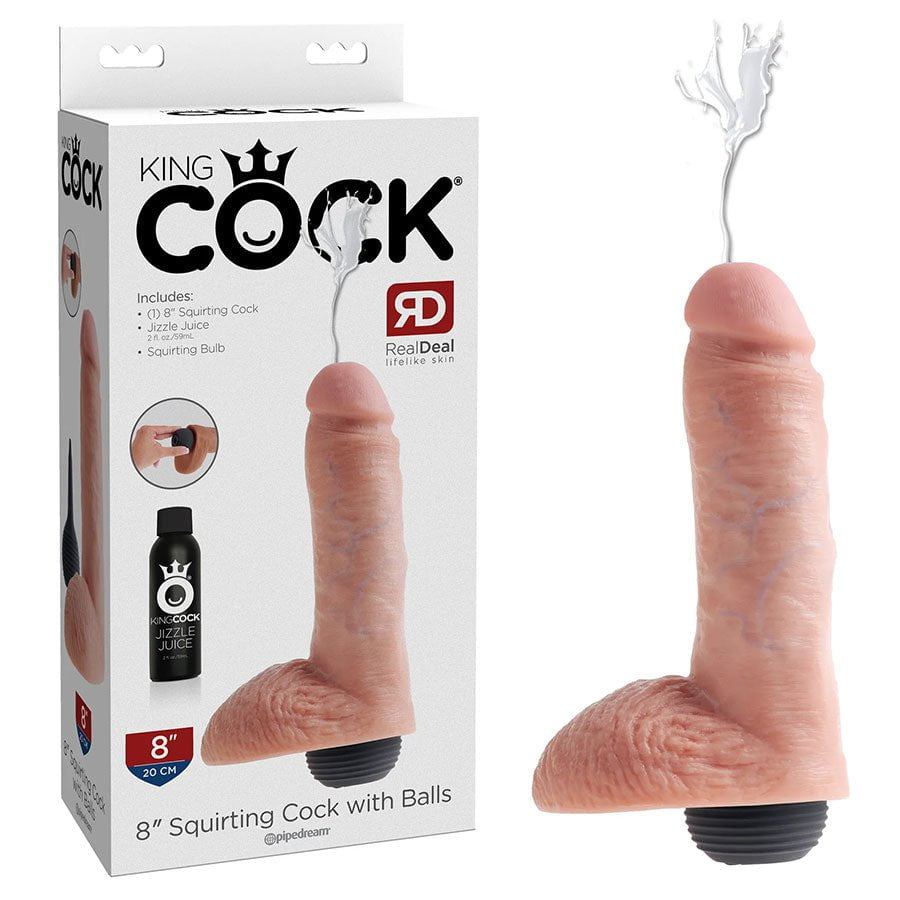 King Cock 8 Inch Squirting Realistic Dildo with Balls (Tan/White)