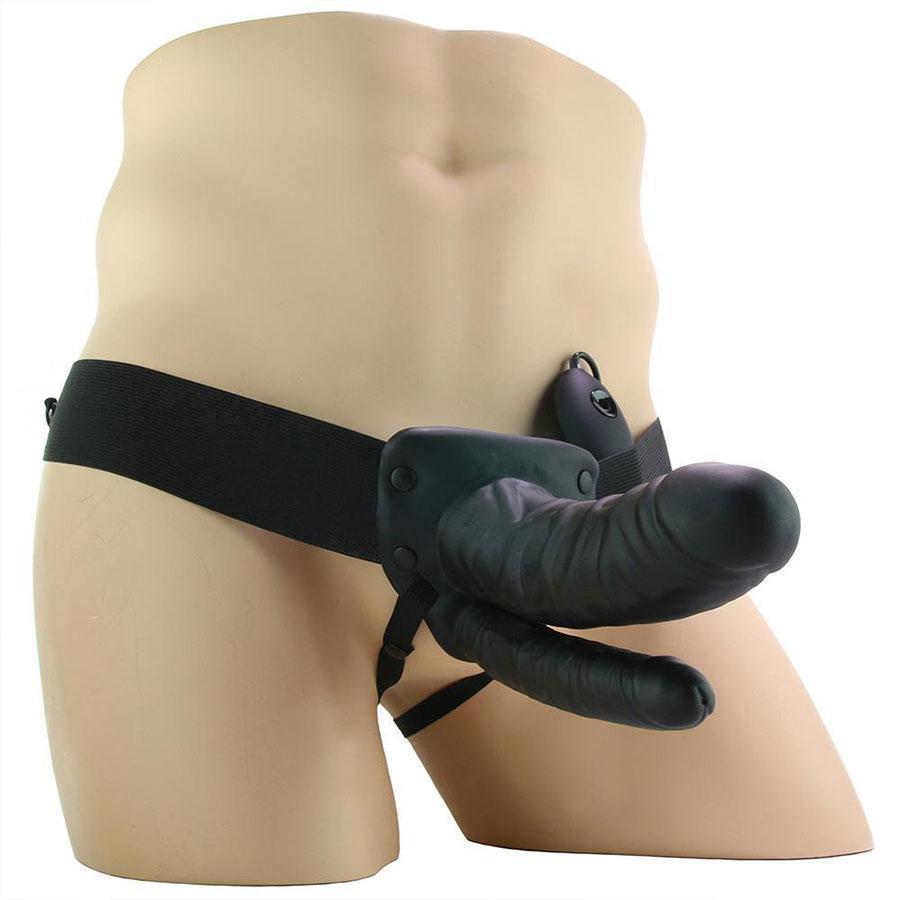 Vibrating Double Penetration Hollow Black Strap On for Men by Lux