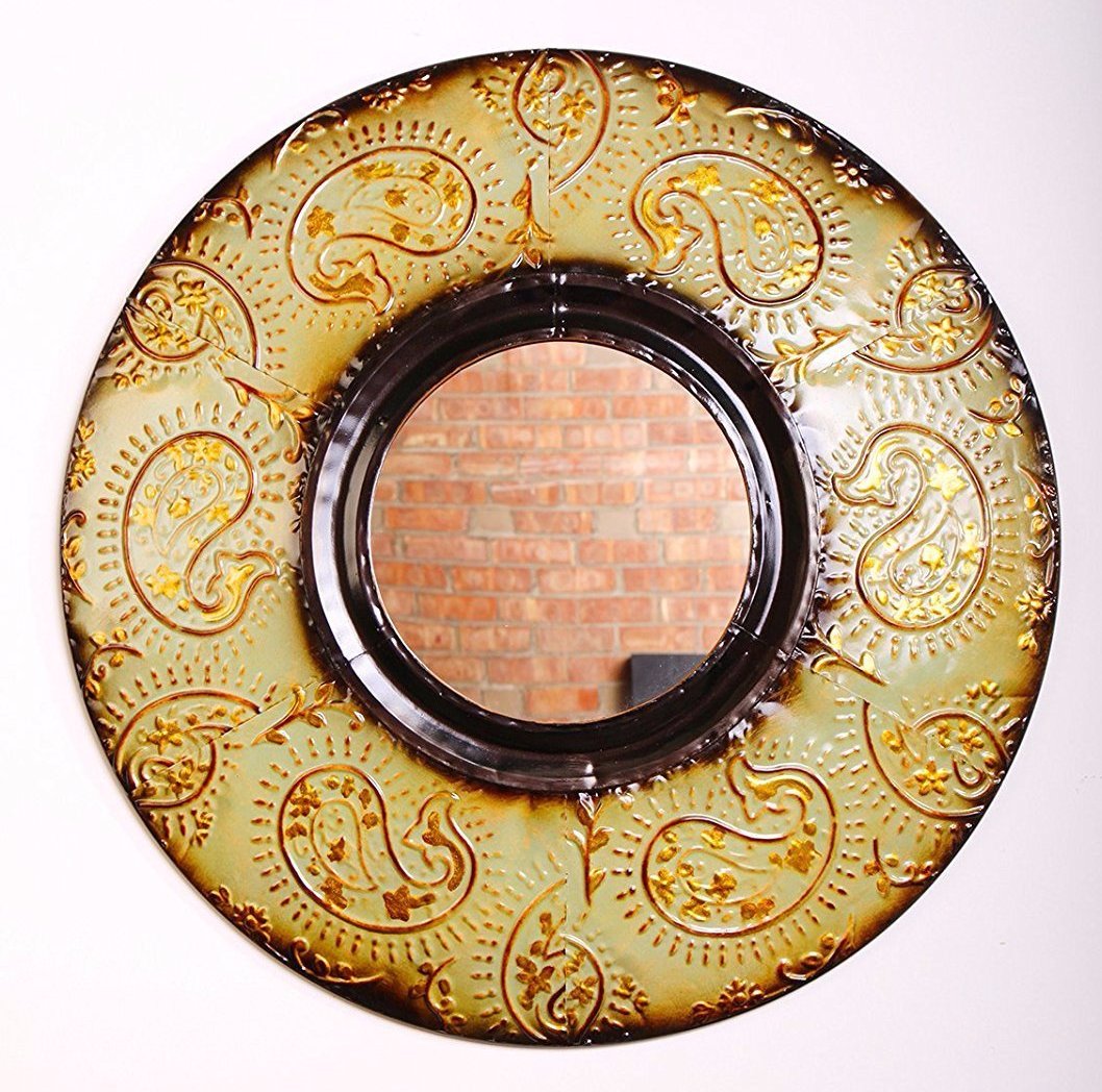 Mid Century Modern Round Wall Decor Mirror, 30" Diameter, Green Copper