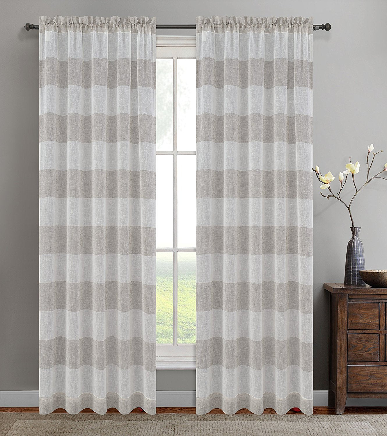 Nassau Faux Linen Sheer Striped Curtain Panels with Rod Pocket - 7 Col ...