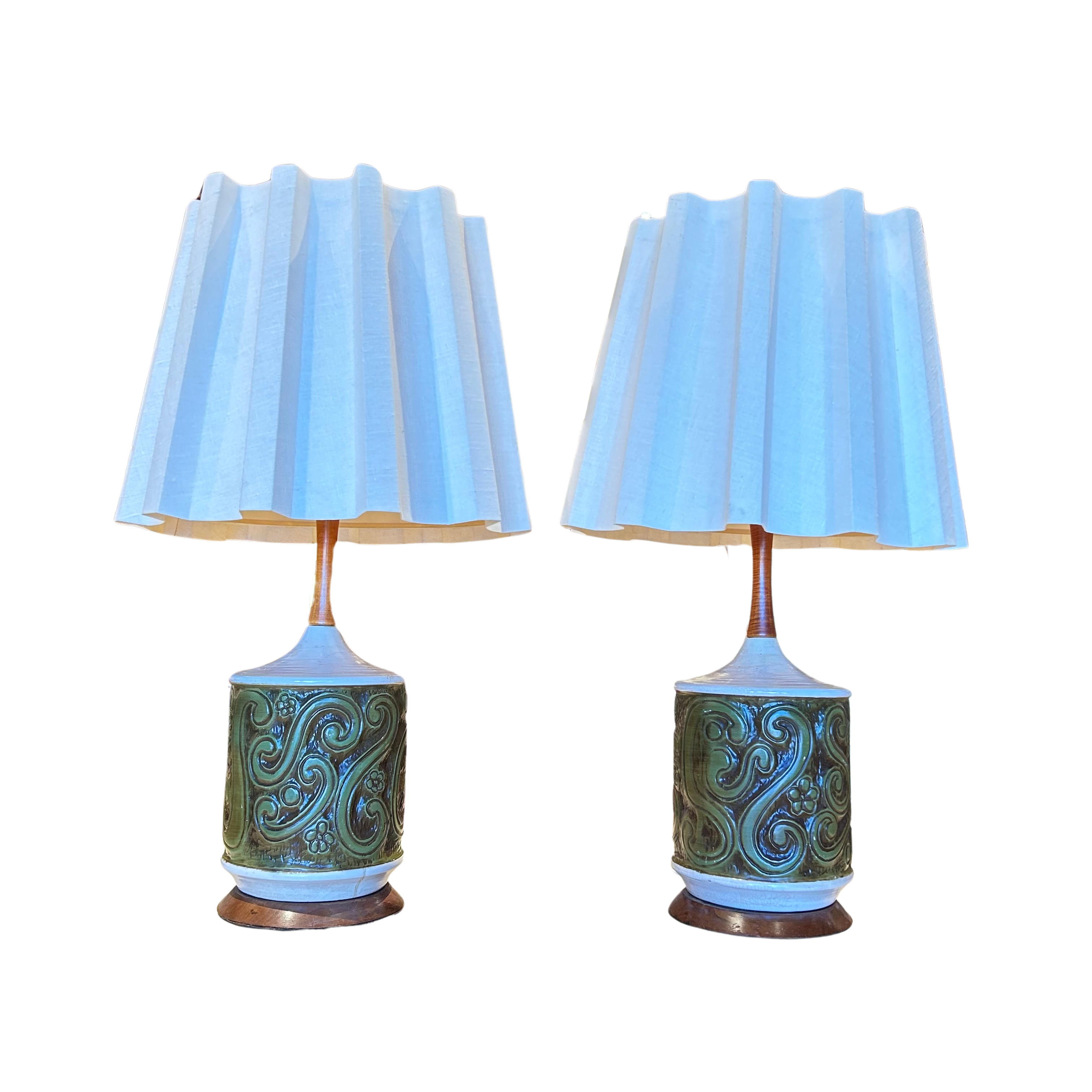 Pair of Ceramic and Wood Accent Table Lamps with Pleated Shades