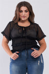 Plus Short Sleeve U-neck With Self-tie Detail Frill Smocked Sheer Top - Fashion Quality Boutik