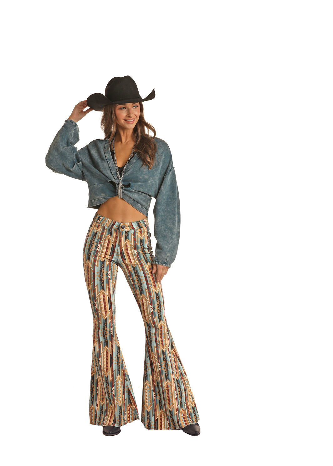 Rock  Roll Denim Ladies High Rise Tan Aztec Bell Bottom Jeans  La Raza  Western Wear