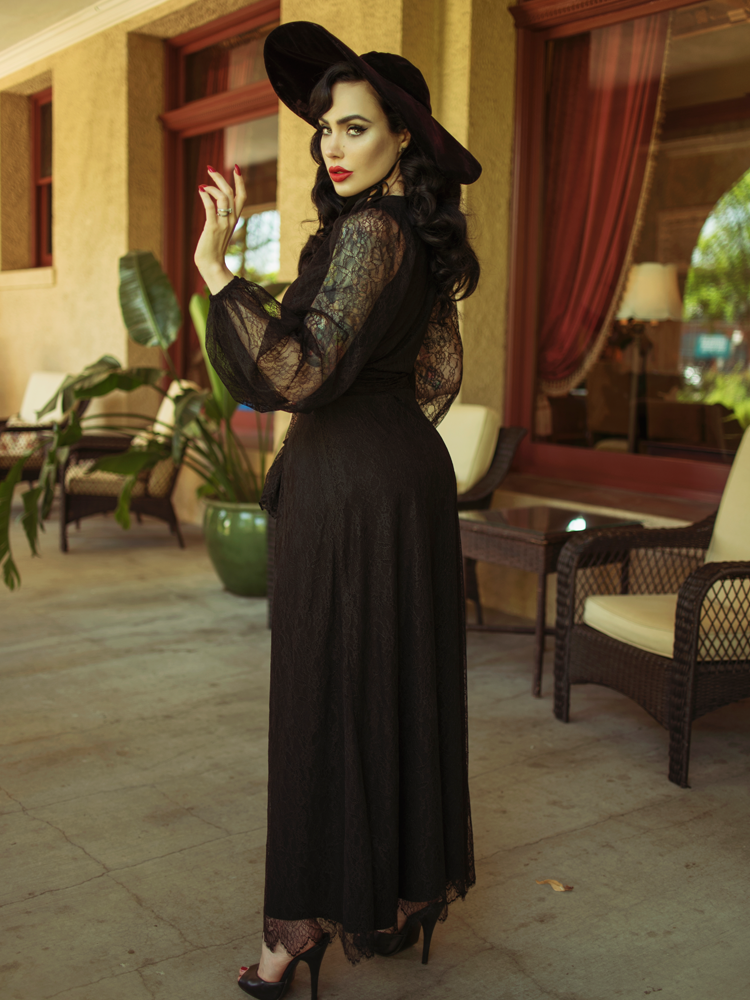 Black Widow Wrap Gown in Black Lace | Gothic Retro Clothing – La Femme ...