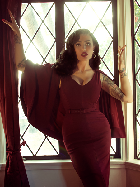 Drusilla Cape Dress in Oxblood Crepe - La Femme En Noir