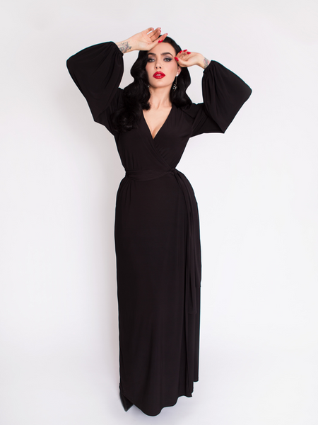 Black Widow Wrap Gown in Solid Black 