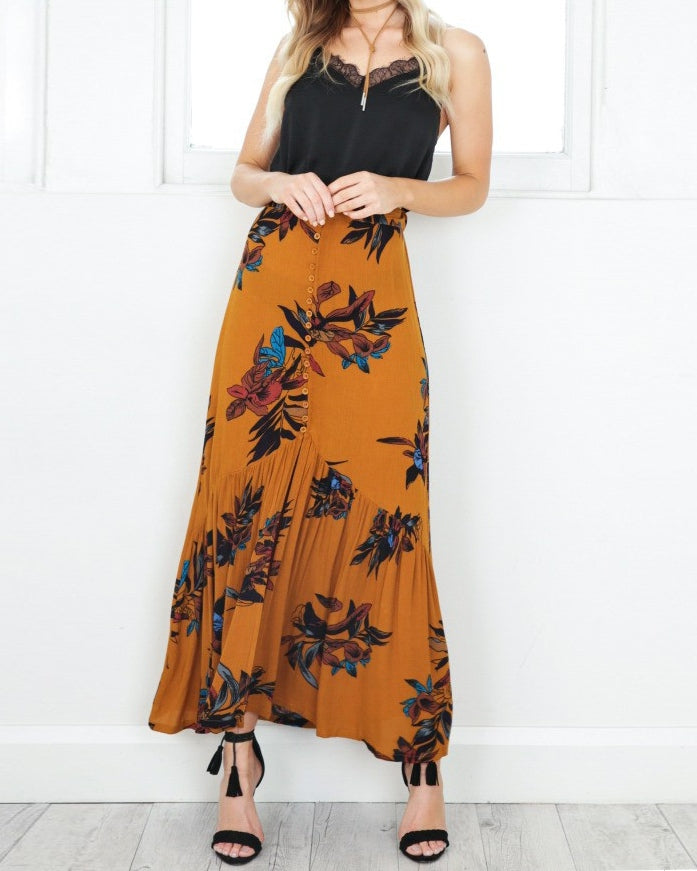 orange floral maxi skirt