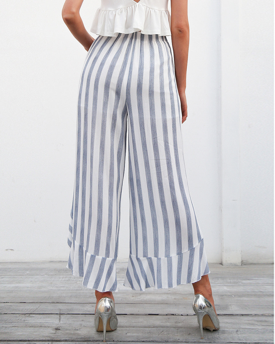 blue and white striped wide leg pants