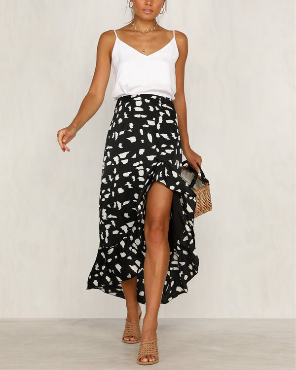 Sierra Asymmetrical Ruffle Leopard Skirt - Black | Flirtyfull.com