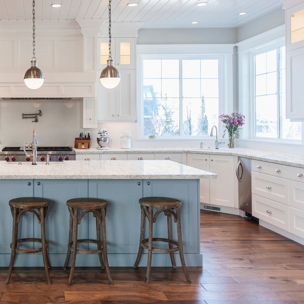 Nuvo Tidal Haze Painted Kitchen Island and Titanium White Cabinets