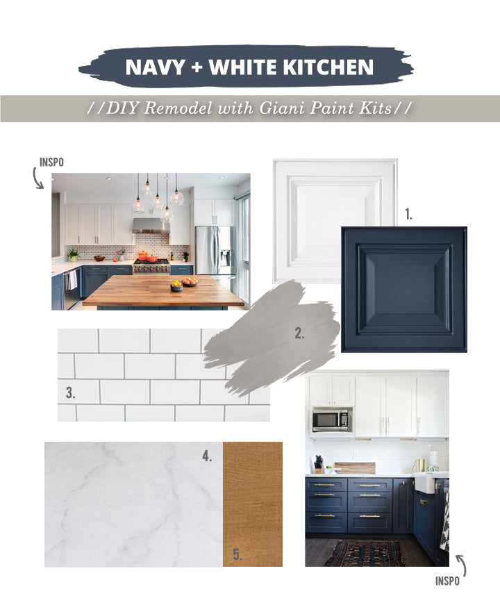 Mood Board for a kitchen makeover using only Giani DIY Paint kits!  Modern Navy + White Kitchen Remodel on a budget!  