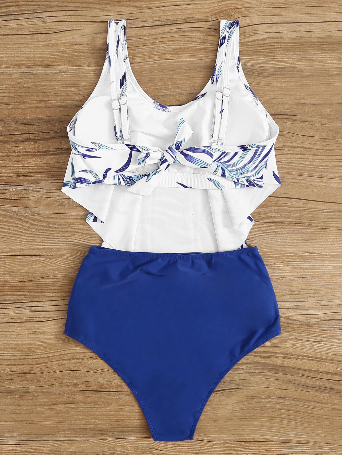 Random Leaf Print Floaty Top With Ruched Bikini - Popviva