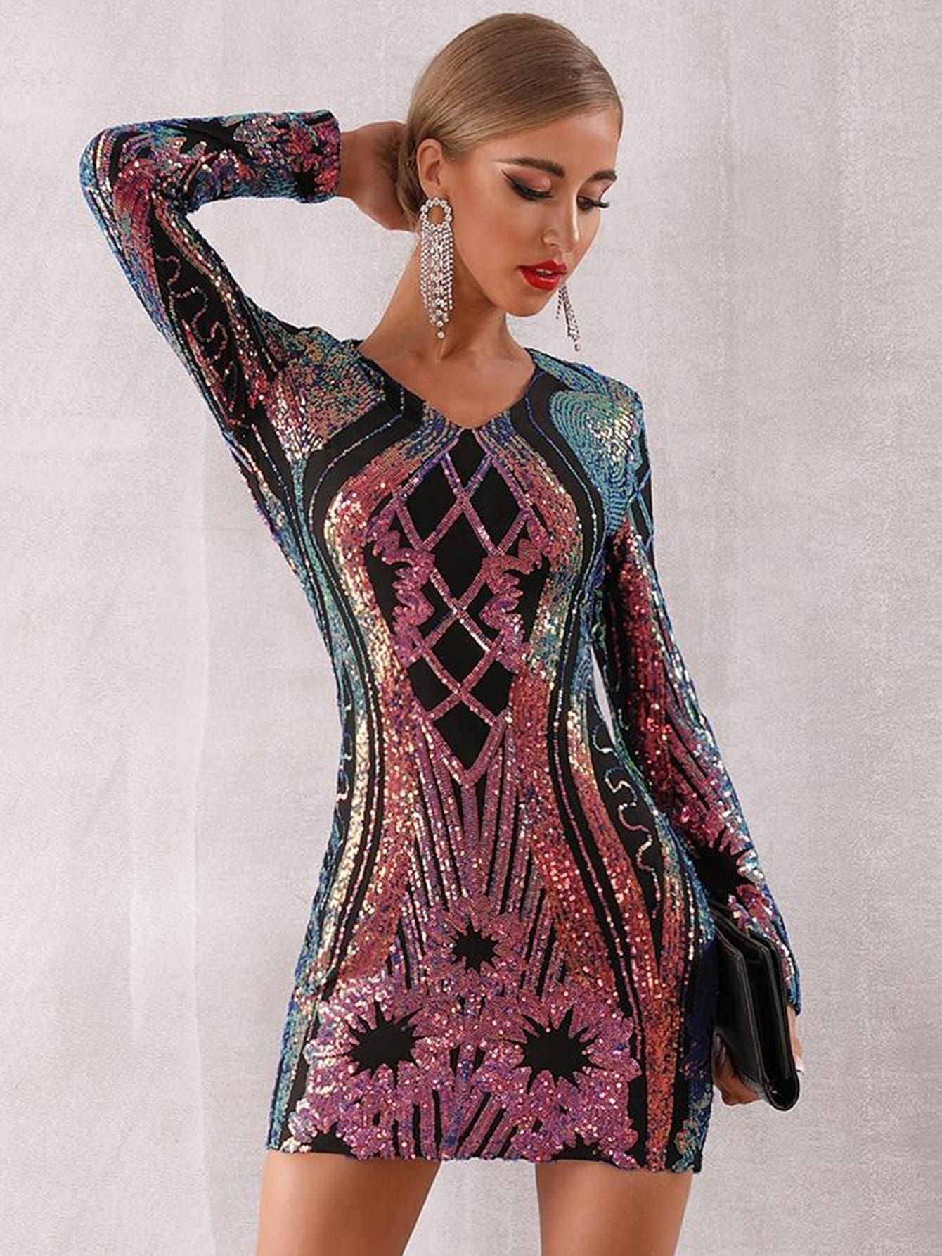 long sleeve multi color sequin dress