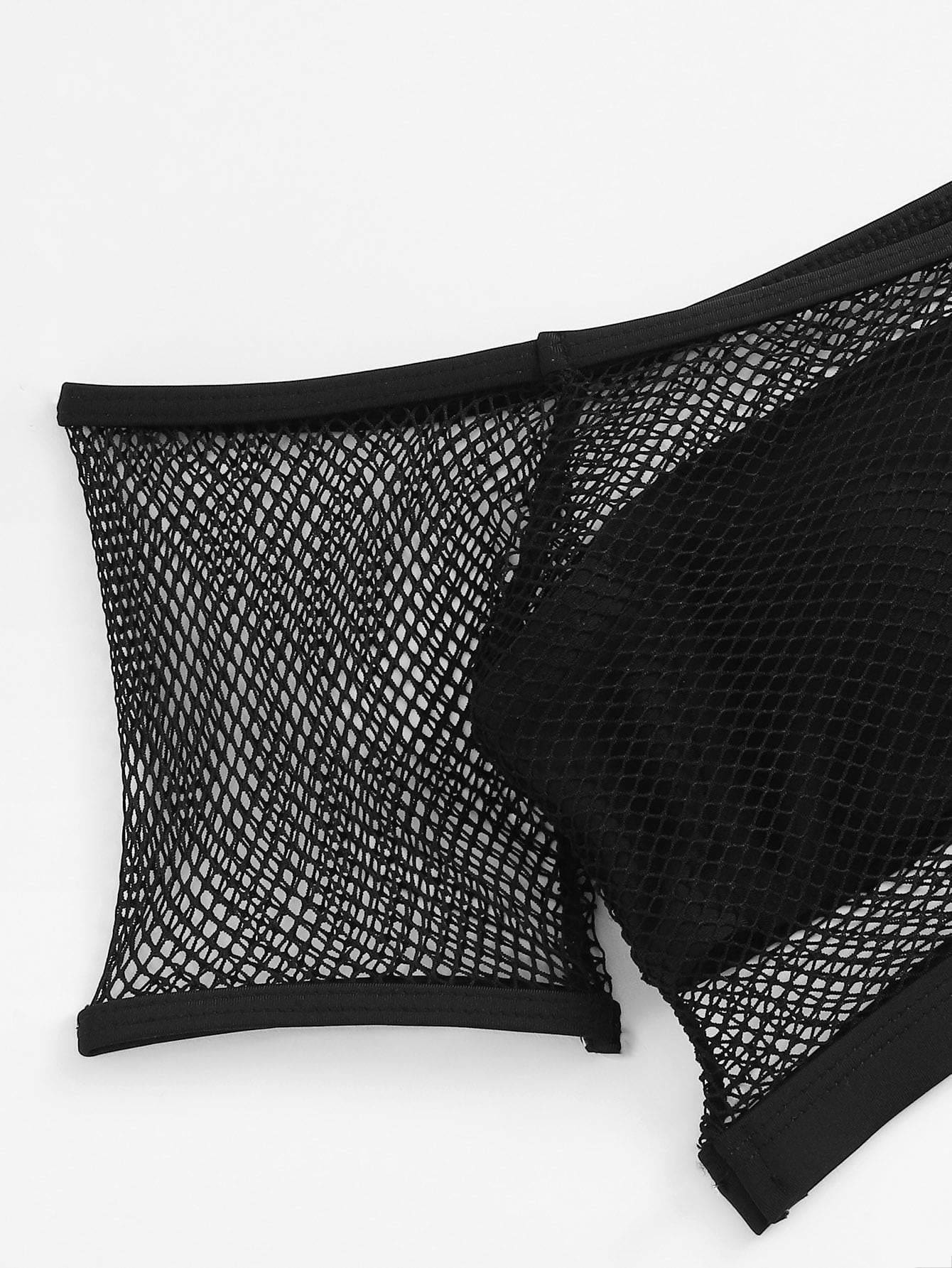 off the shoulder fishnet overlay bikini set