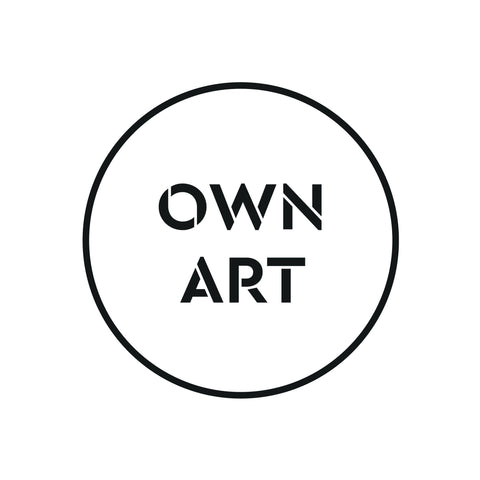 Own Art scheme Logo, with the words own art in capitals, in the center of a black line circle.