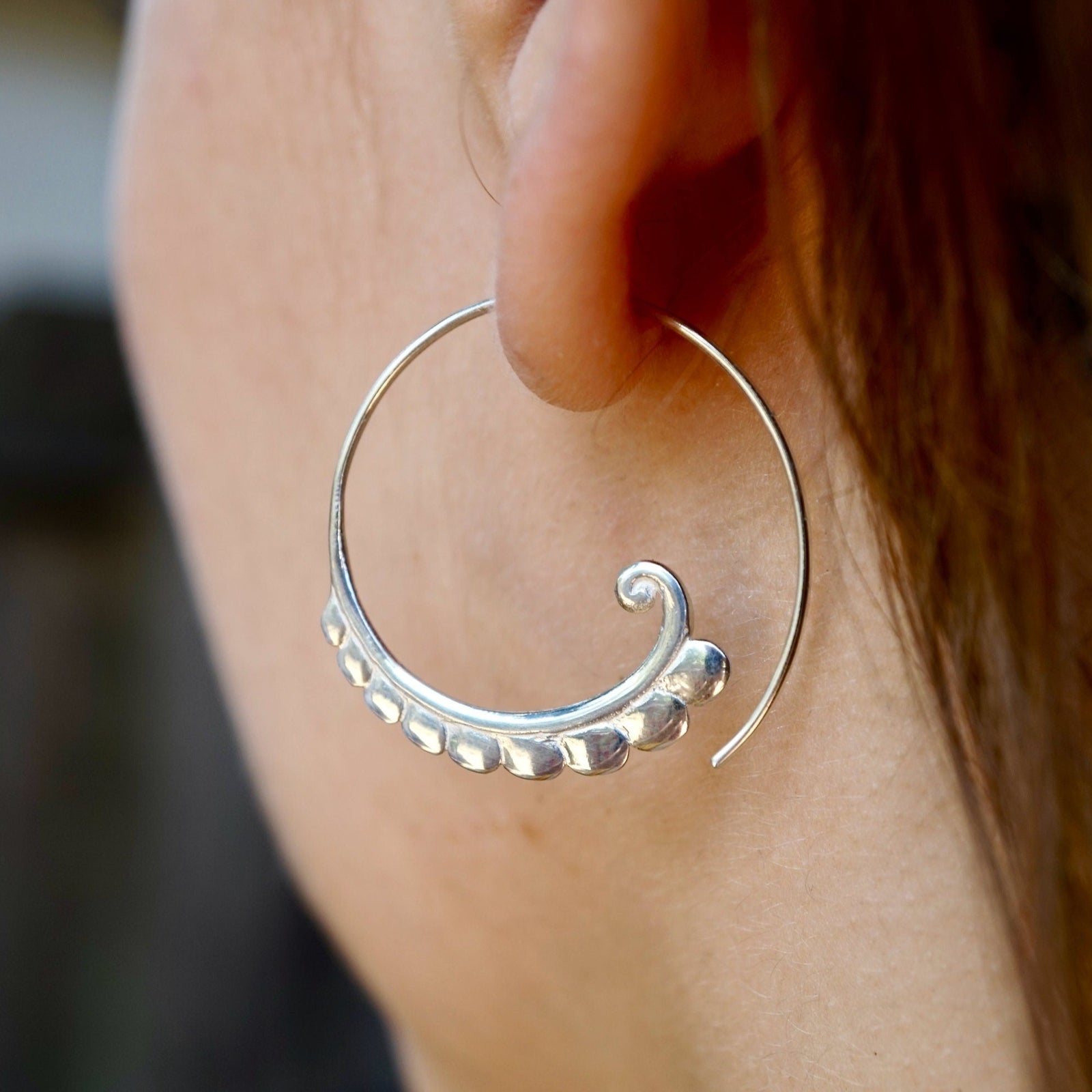 Spiral Earrings Solid Sterling Silver - Minimalist Scalloped Hoop