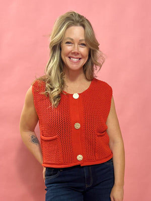 Cozy Charm: Red Sweater Vest with Oversized Buttons - Shabby 2 Chic Boutiques