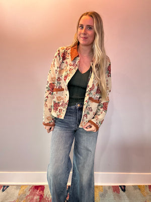 Floral Jacquard Button Front Jacket with Corduroy Scallop Edge Detail - Shabby 2 Chic Boutiques