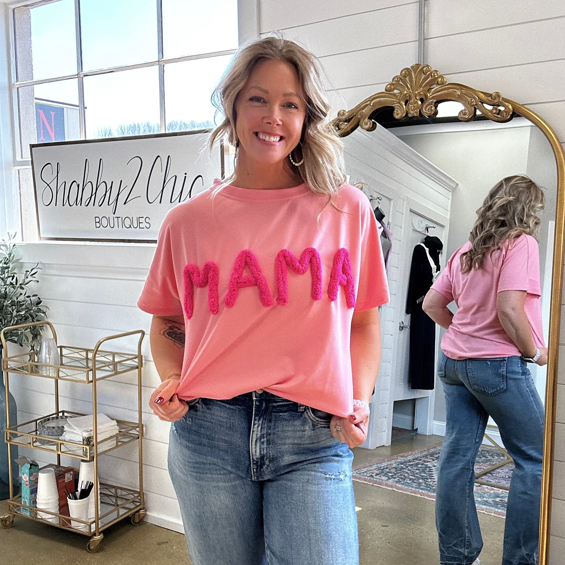 MAMA Fleece Short Sleeve Top in Fuchsia