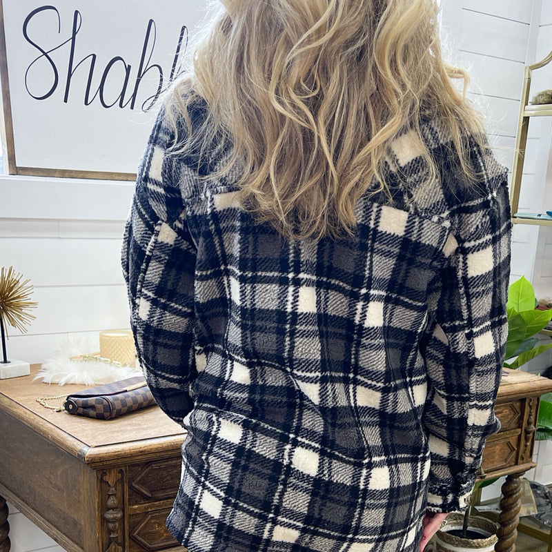 Woodwork Pocketed Sherpa Plaid Shacket