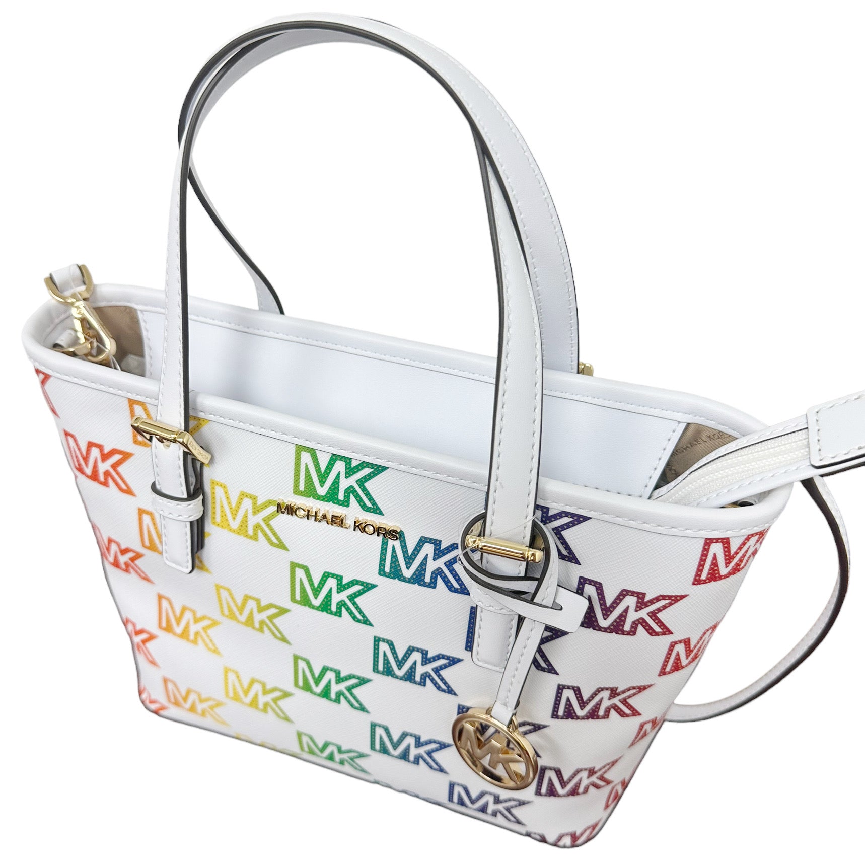Michael Kors, Bags, Michael Kors Jet Set Travel Extrasmall Top Zip Tote  Bag Rainbow Optic White