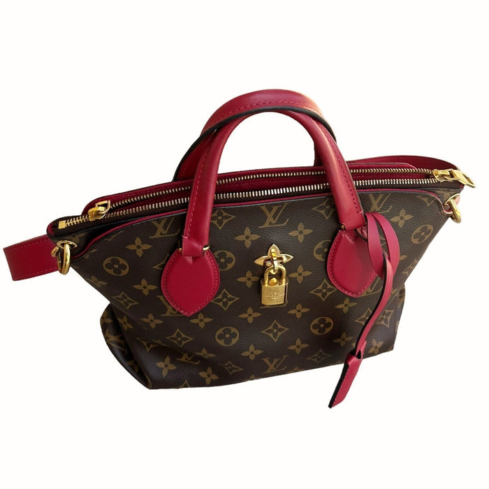 Louis Vuitton Flower Zippered PM Small Zip Satchel Brown Monogram Red