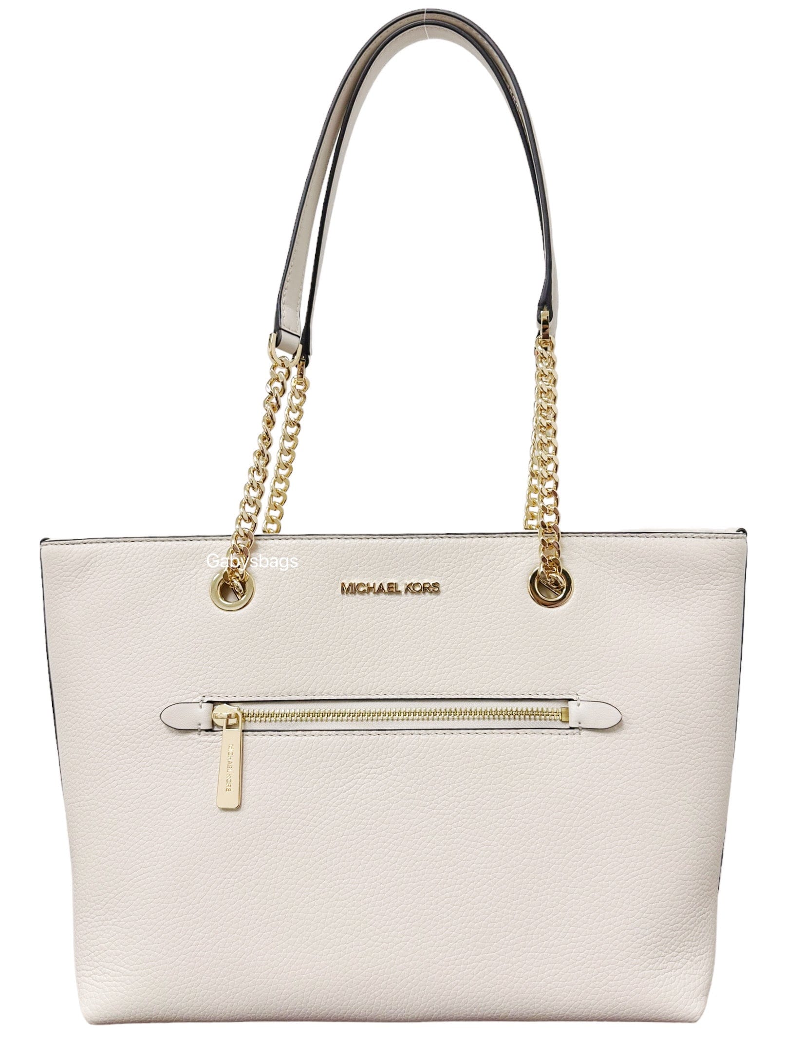 Michael Kors Jet Set Medium Cream Leather Front Pocket Zip Chain Tote Bag Purse