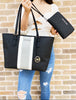 Michael Kors Jet Set Medium Carryall Tote Black MK Stripe + Wristlet Wallet