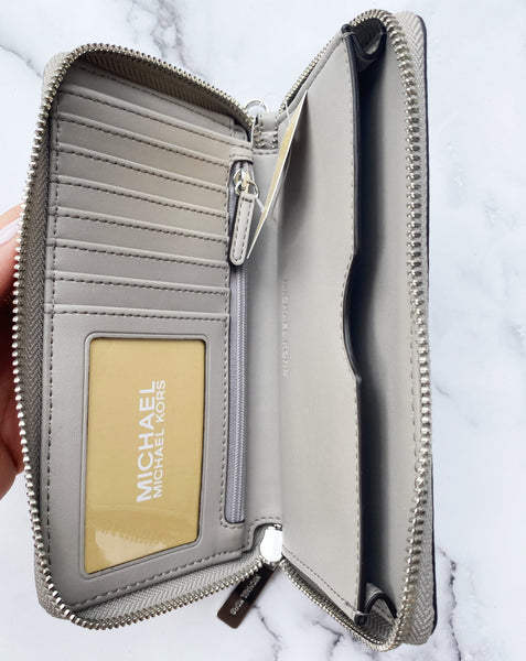 Michael Kors Jet Set Fulton Large Phone Wristlet Wallet Pearl Grey Leather