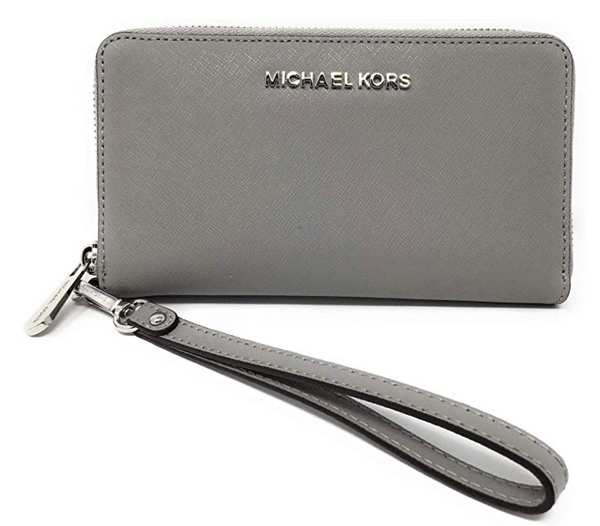 Michael Kors Jet Set Travel Large Phone Wristlet Pearl Grey Leather Wallet