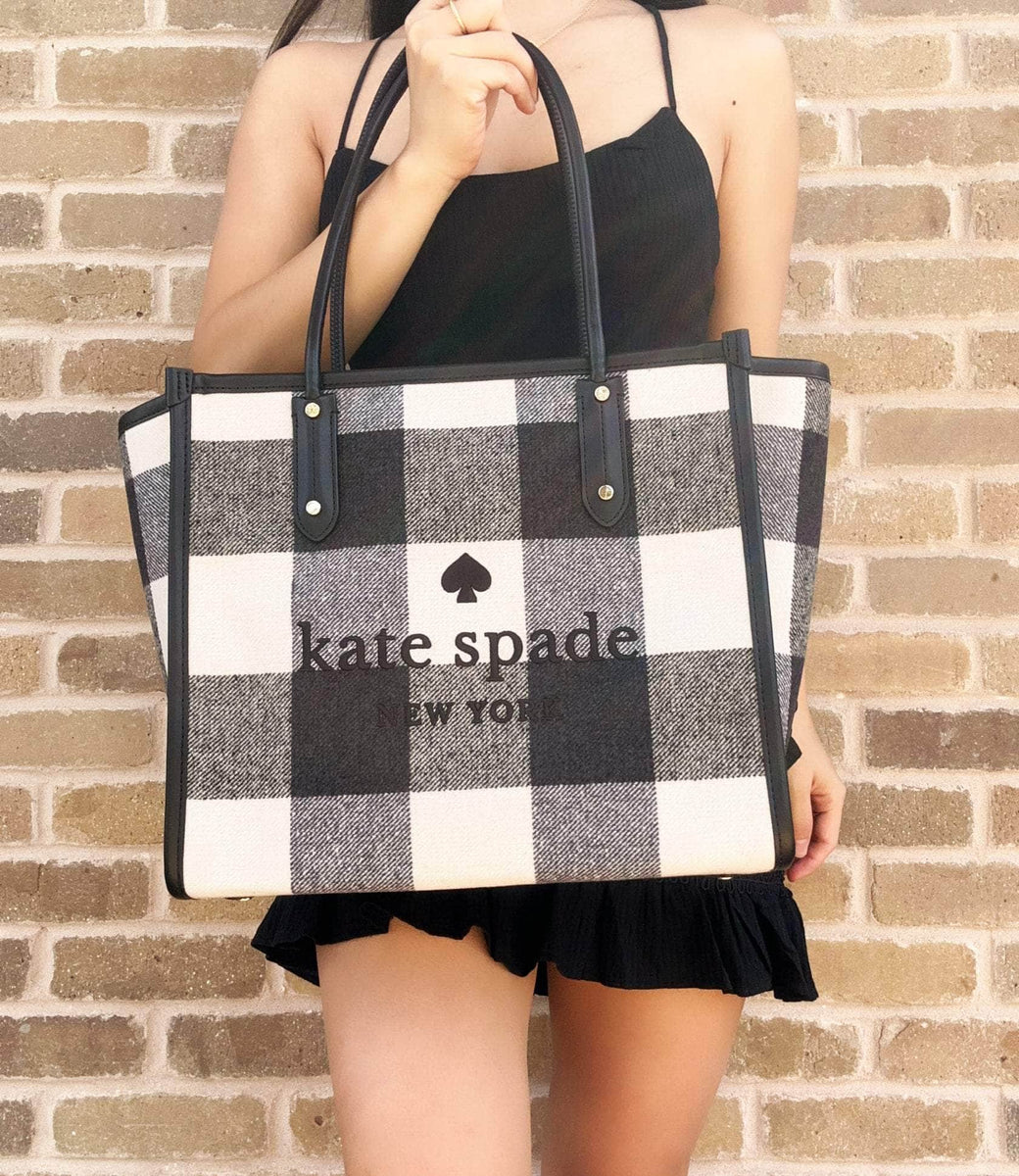 Kate Spade Ella Festive Check Plaid Print Large Top Zip Tote Black  Mul–Gaby's Bags