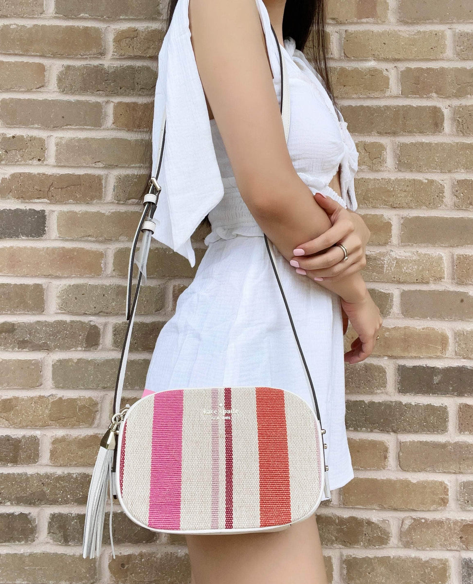 Kate Spade Kourtney Stripe Camera Bag Pink Multi Jacquard White  Leathe–Gaby's Bags