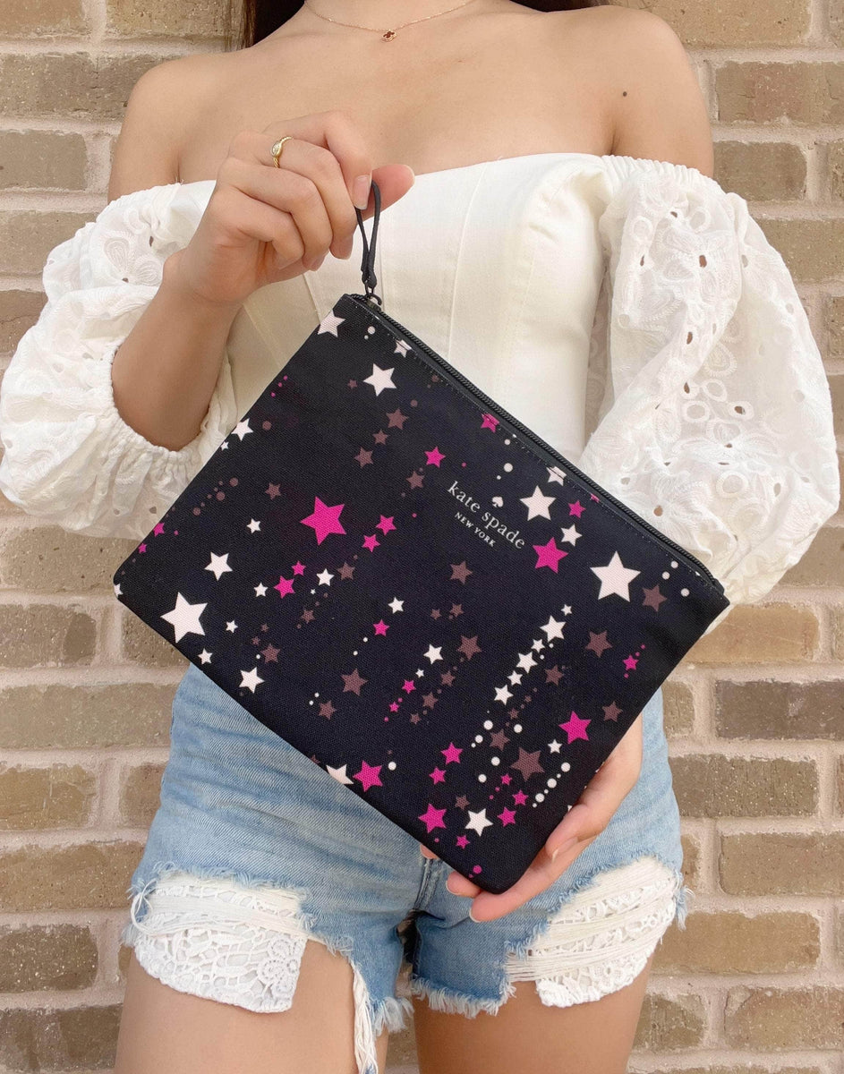 Kate Spade Large Canvas Cosmetic Zip Twinkle Star Pouch in Black Pink  –Gaby's Bags