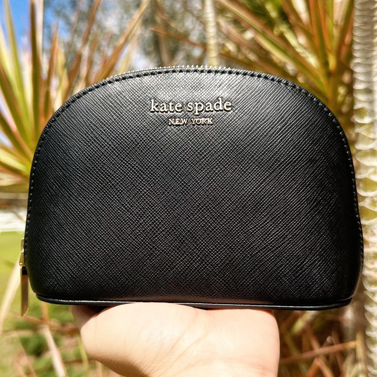 Kate Spade Spencer Small Dome Cosmetic Bag Pouch Black Saffiano–Gaby's Bags