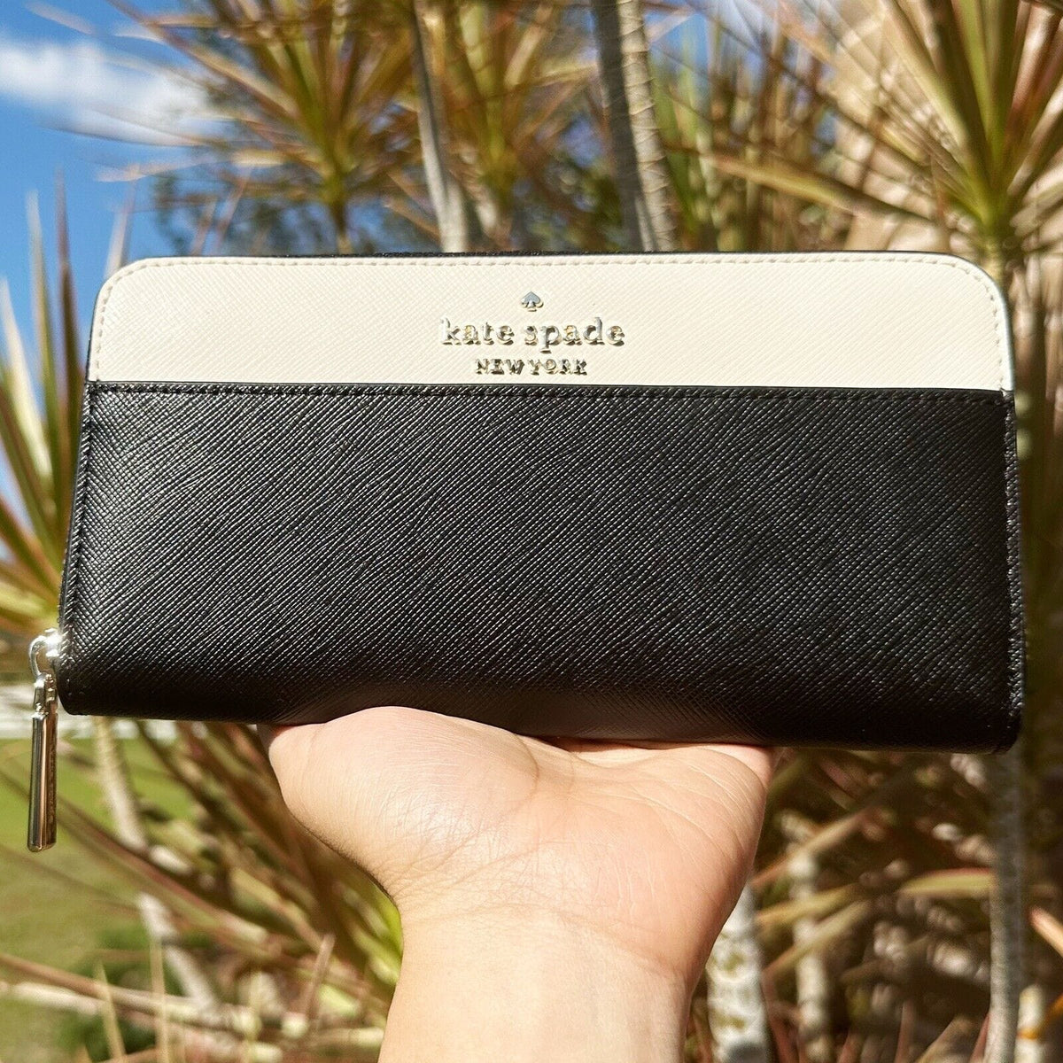 Kate Spade Staci Large Zip Around Continental Wallet White Black  Multi–Gaby's Bags