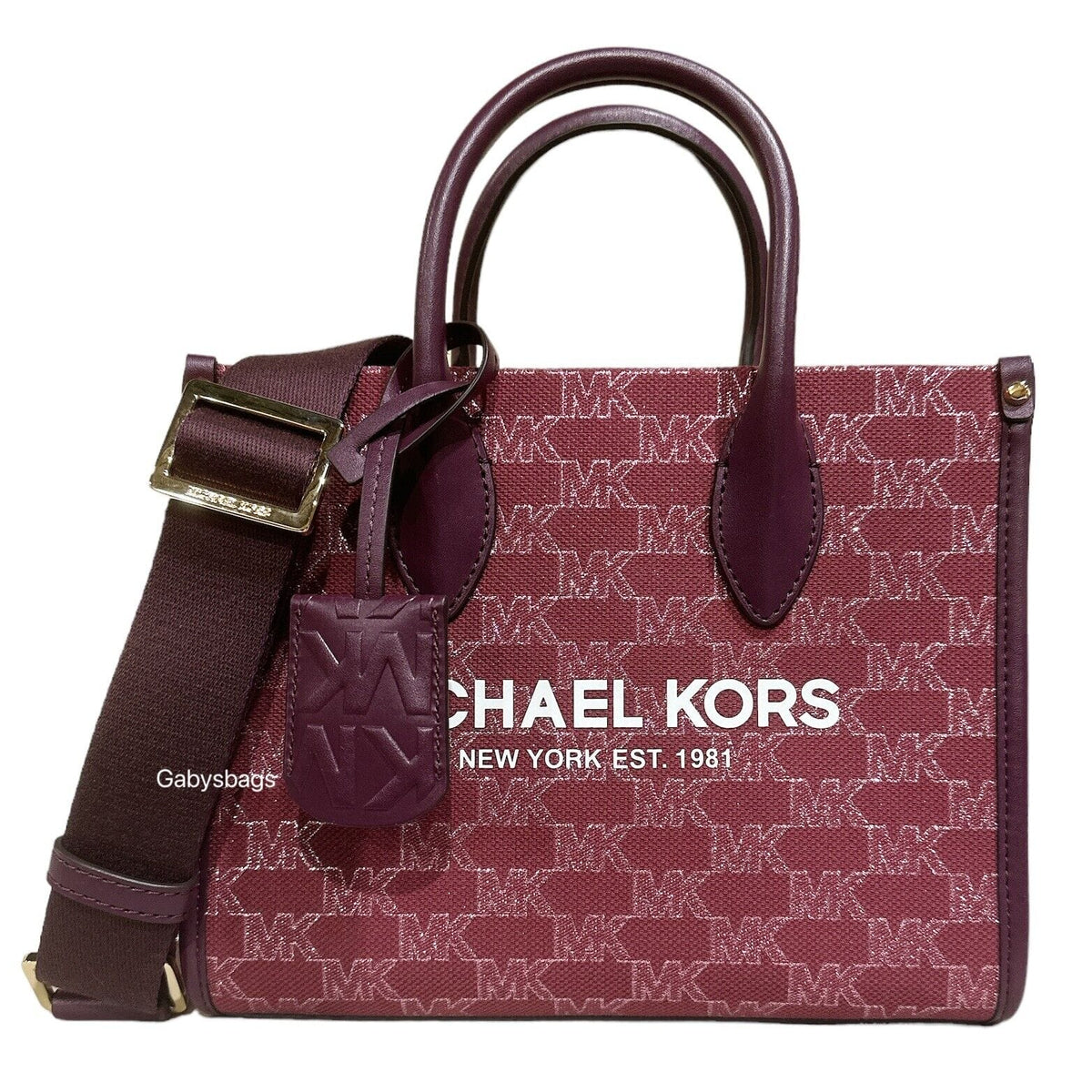 Michael Kors Mirella Small Tote Crossbody Mulberry Jacquard MK  Glitter–Gaby's Bags