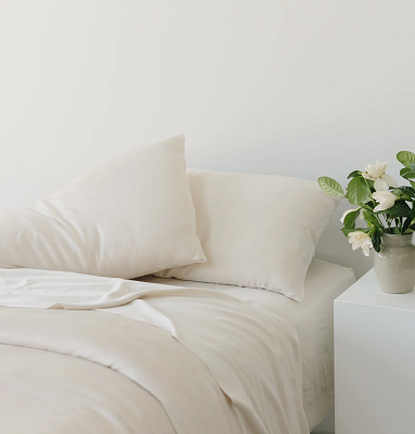 Oat-colored bamboo sheet set from Cozy Earth