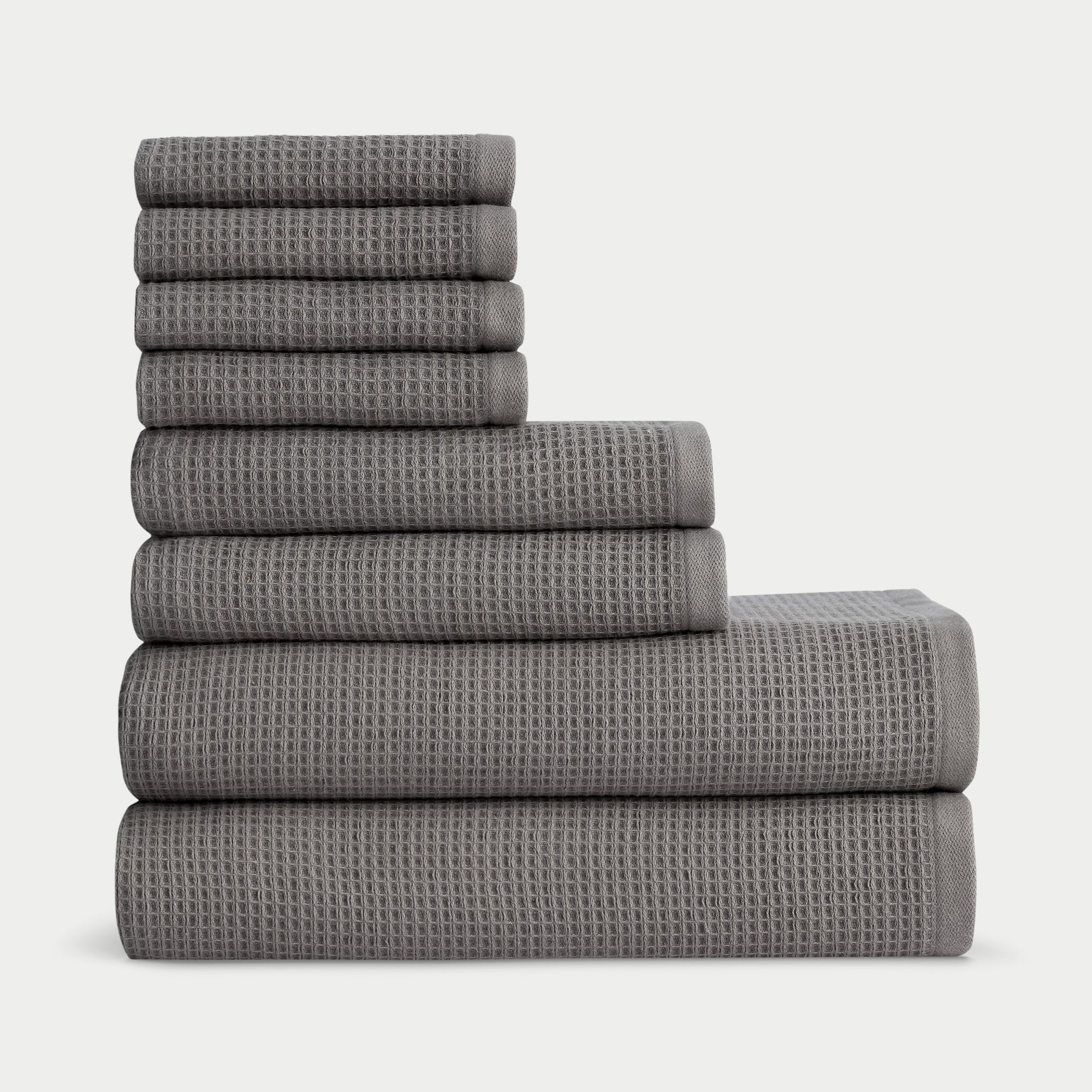 Waffle Bath towels in the color charcoal. Photo of Charcoal Waffle Bath towels taken with white background. |Color:Charcoal