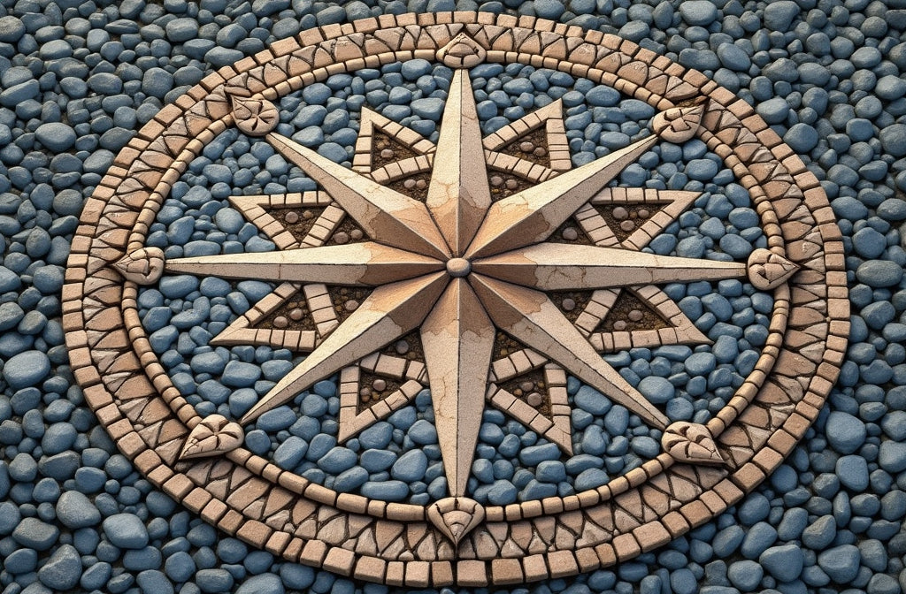Decorative pebble patterns (e.g. compass rose) embedded into a uniform gravel field.