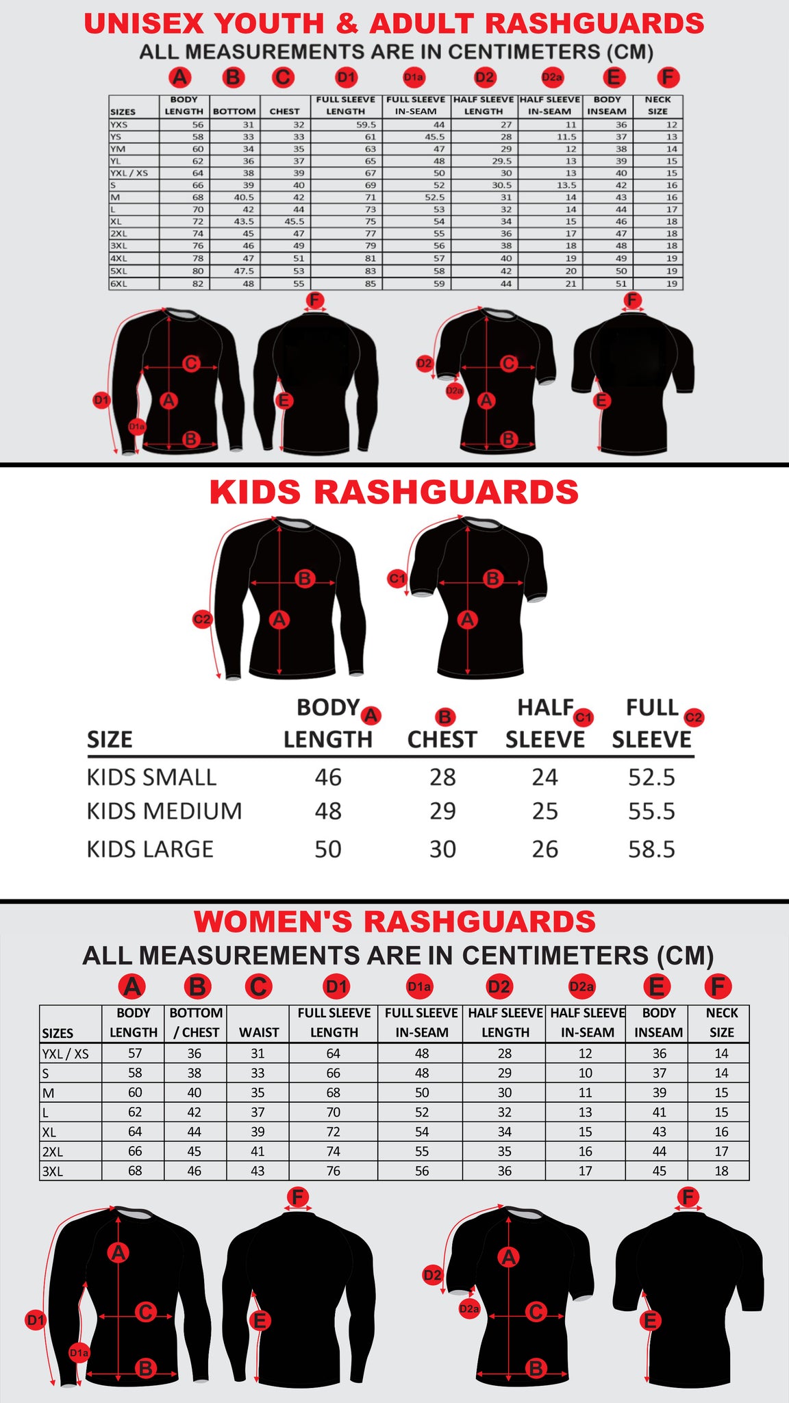 Custom & Academy Rashguards Measurements