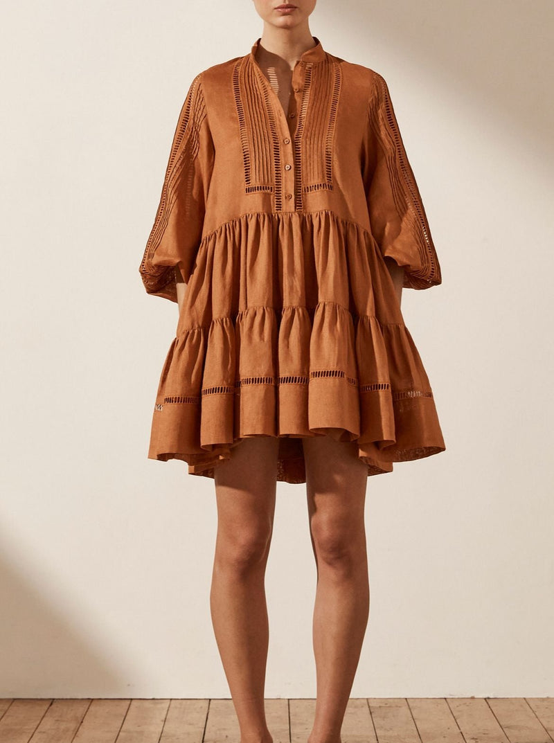 Joana Pin Tuck Tuxedo Mini Dress - Rust