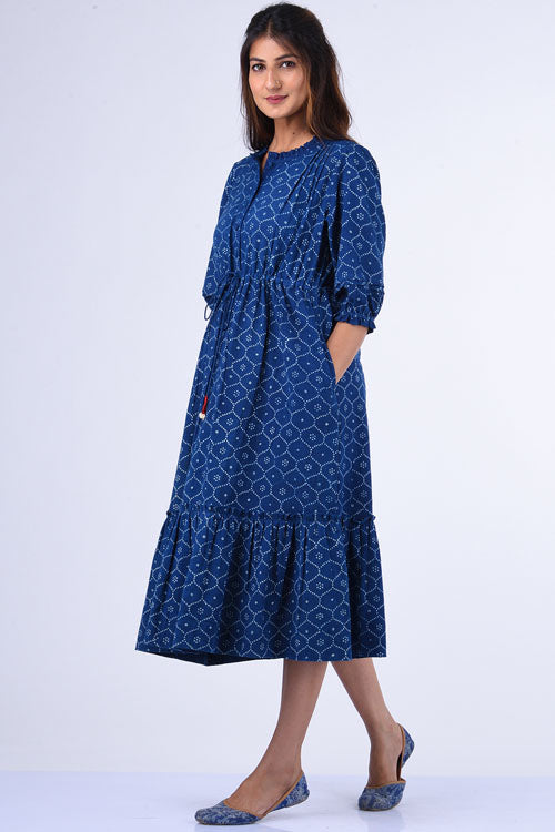 Dharan Ojee Indigo Block Printed Dress For Women Online – Okhaistore